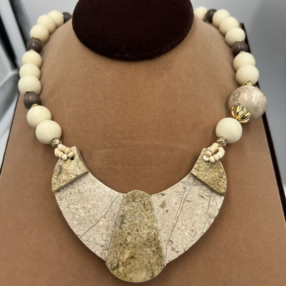 Handmade ~20" Quartz Granite Stone Gold Tone Statement Necklace And Earrings Vtg
